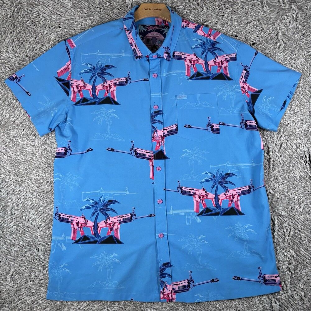 Retro Rifle The Palm Button Shirt Mens XL Floral Graphic Print Short Sleeve Army